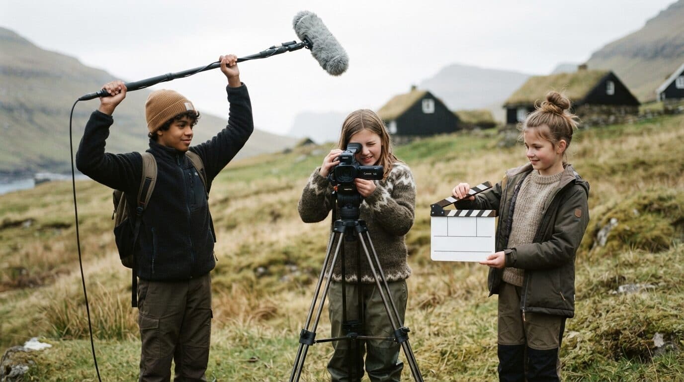 Trý ung filma saman í føroyskum landslagi — við myndatóli, ljóðmikrofoni og klappbretti